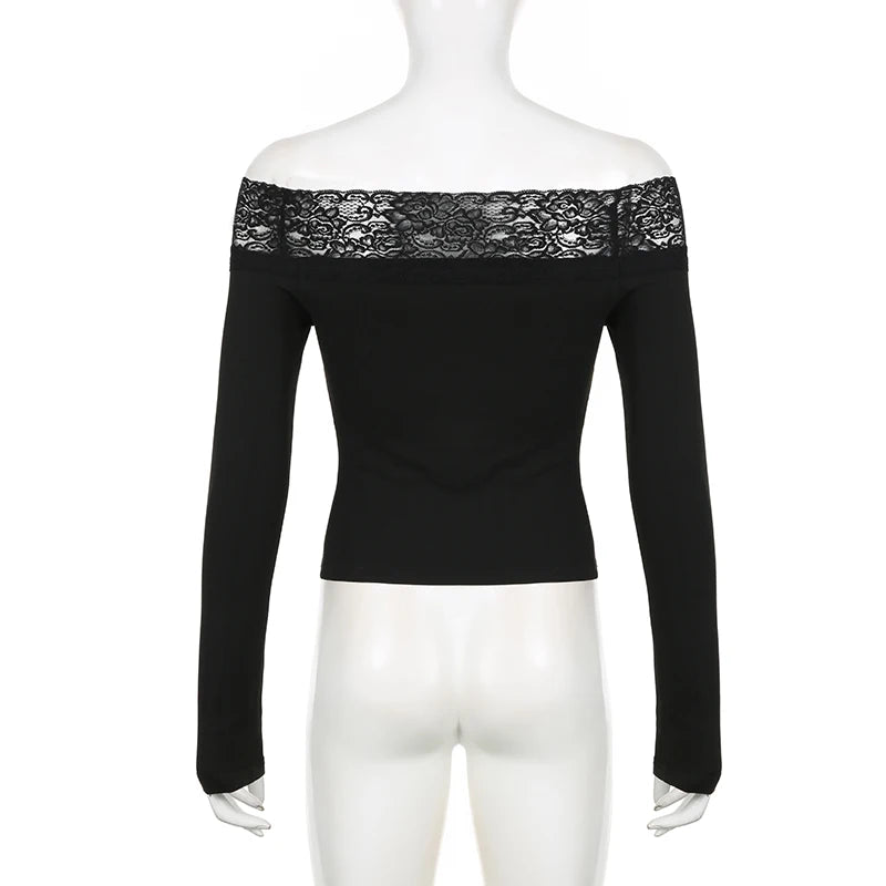 CIBBAR Black Lace Stitched Slash Neck Crop Top - Elegant Sexy Long Sleeve T-Shirt for Women, Perfect Autumn Basic