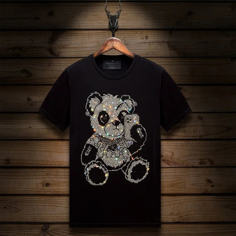 2024 Bear Rhinestone Cartoon T-Shirts - Men's High Quality Short Sleeve Fashion Streetwear, Casual Crew Neck Slim T-Shirt