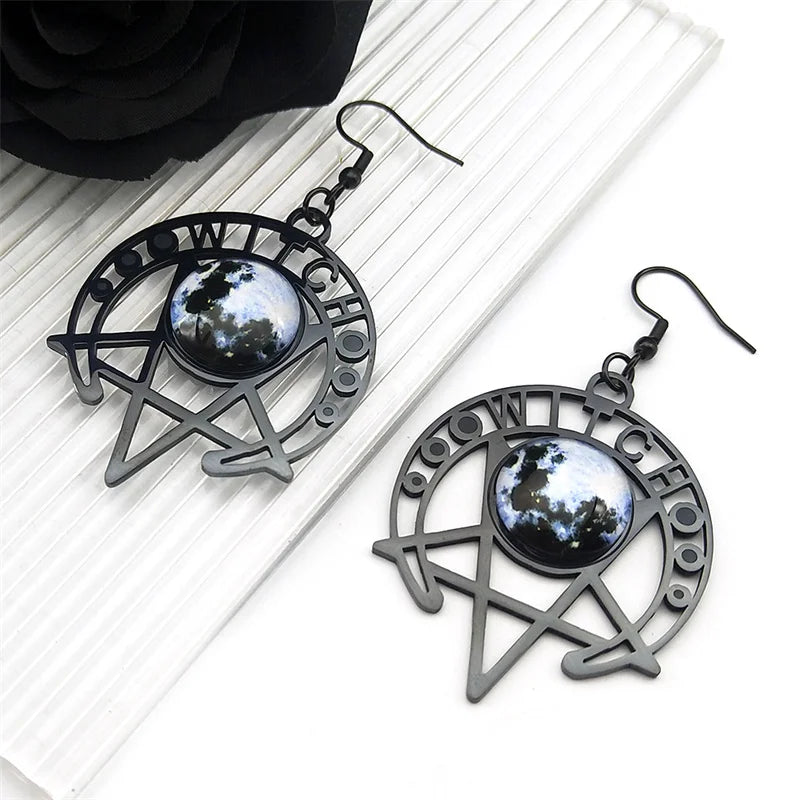 Gothic Witch Moon & Pentagram Earrings – Stainless Steel Starry Sky Crescent Drop Jewelry for Women