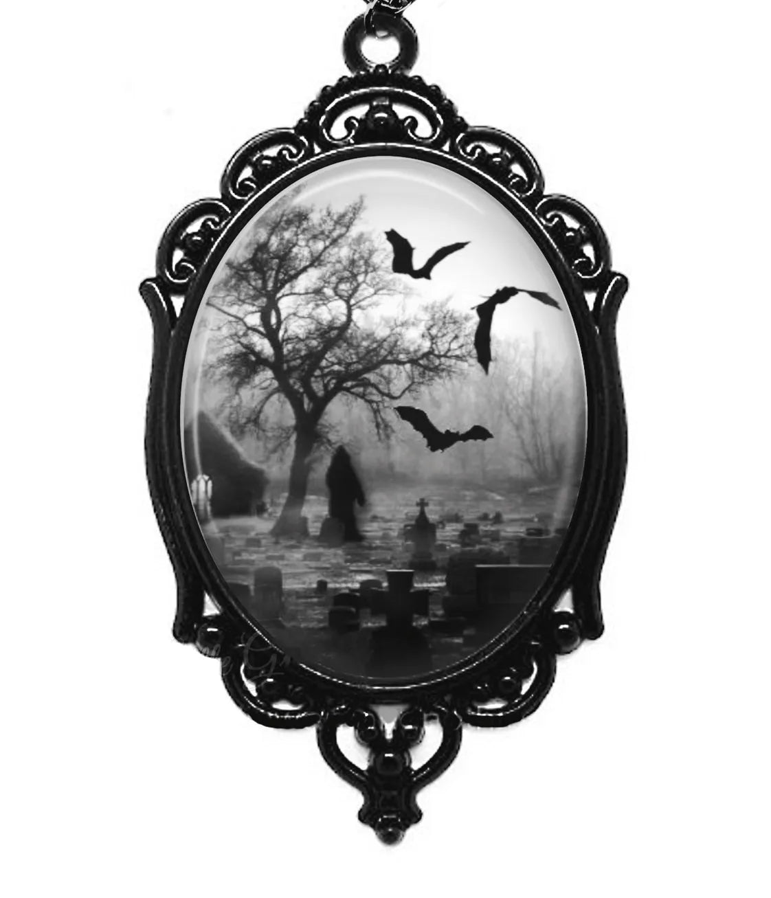 Gothic Cemetery Cameo Necklace - Victorian Black Grim Reaper Death Pendant Jewelry with Graveyard Bats, Halloween Chokers