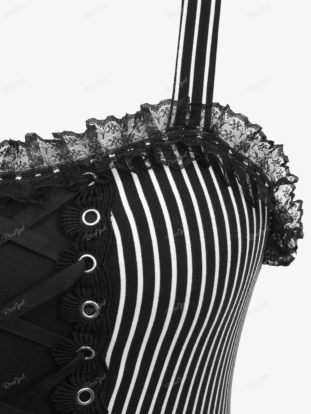 ROSEGAL Plus Size Gothic Striped Lace Up Chain Tank | Women’s Summer Backless Lace-Trim Ruffles Vest