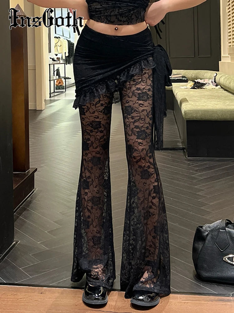 InsGoth Gothic Lace Flared Trousers Two-Piece Suit | Women’s Asymmetric Apron Harajuku Retro See-Through Wide Leg Printed Pants