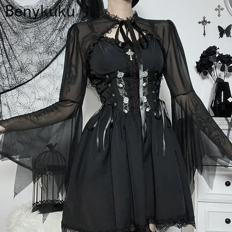 Womens Gothic Punk Flare Sleeve Crop Top Lace Trim Party Bolero Cosplay Outfit See-through Mesh Shrug Tops Clubwear Cover Up