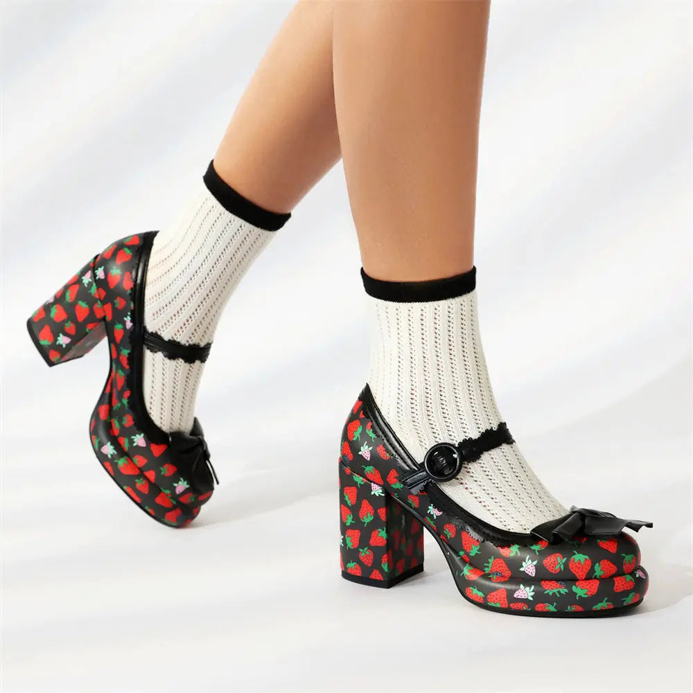 Women's Y2K Block High Heels – Sweet Strawberry Print Mary Jane Pumps, Black & Pink Platform Lolita Shoes