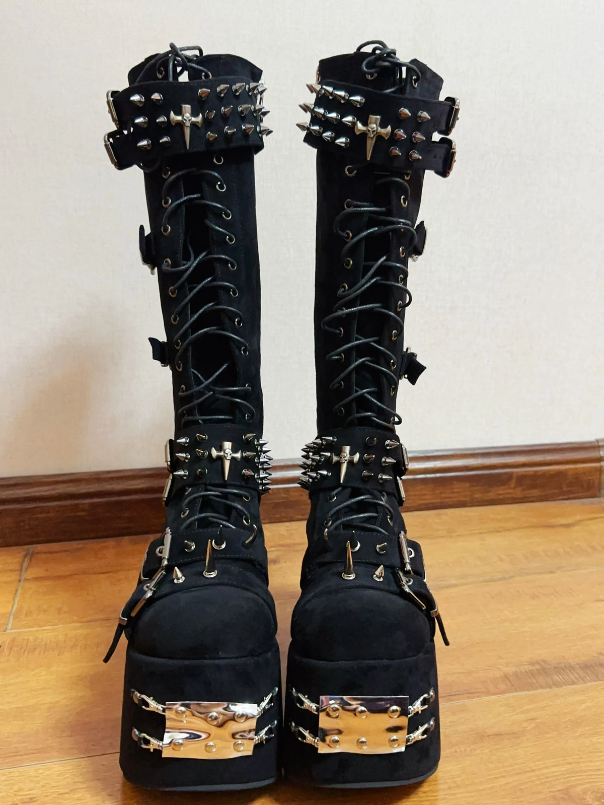 Women Motorcycle Boots woman high Heels pumps Lady knight boots girl punk Gothic long boots customized shoes rock heavy industry