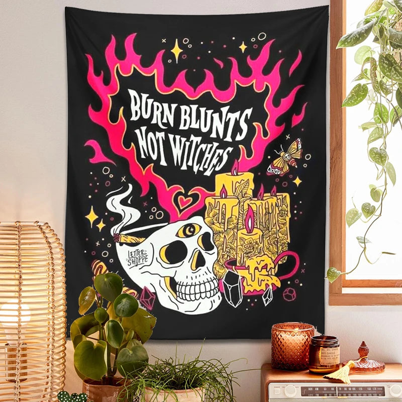 Skull Tapestry Wall Hanging | Psychedelic Burn Blunts Not Witches Moon Moth Divination | Boho Witch Skeleton Decor