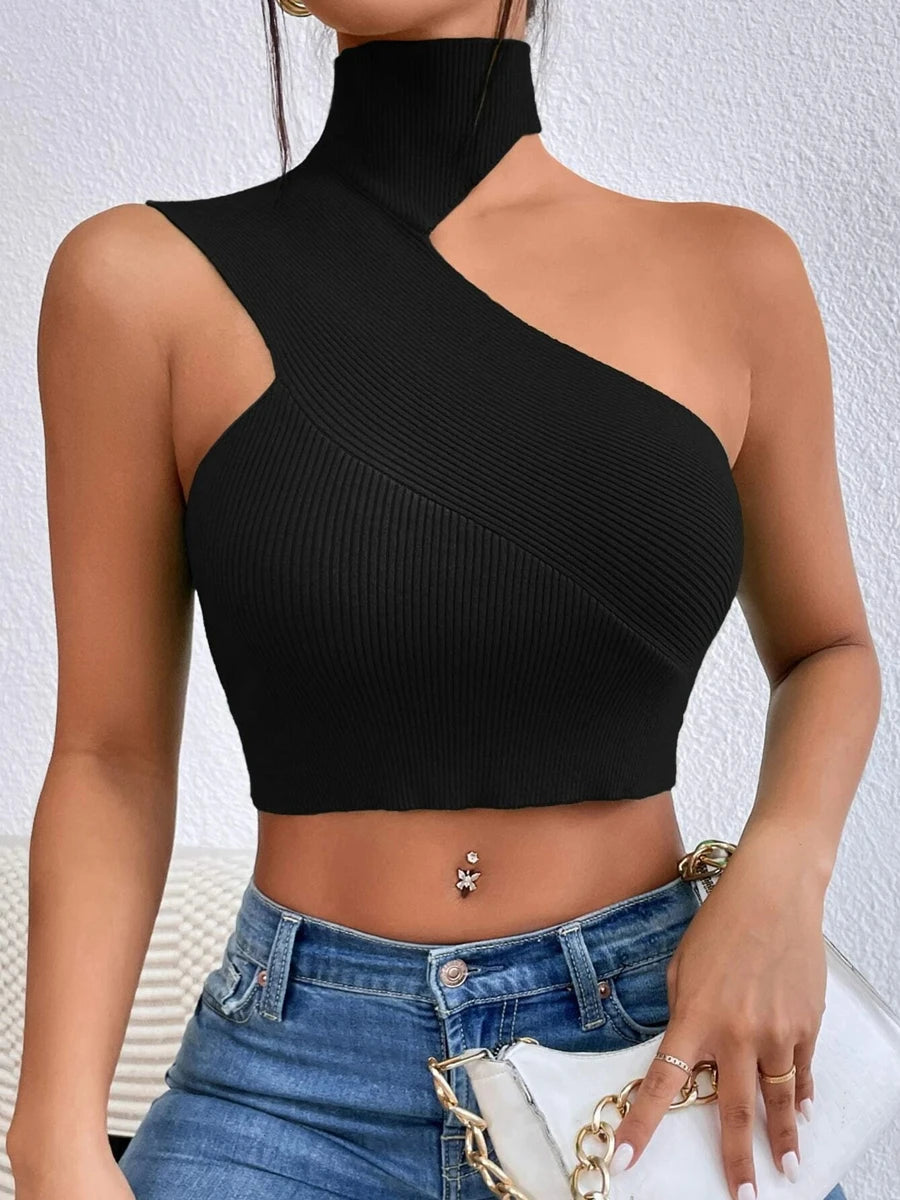 Women’s Sexy Off-Shoulder Asymmetrical Turtleneck Knit Crop Top - Cut Out Backless Rib-Knit Sleeveless