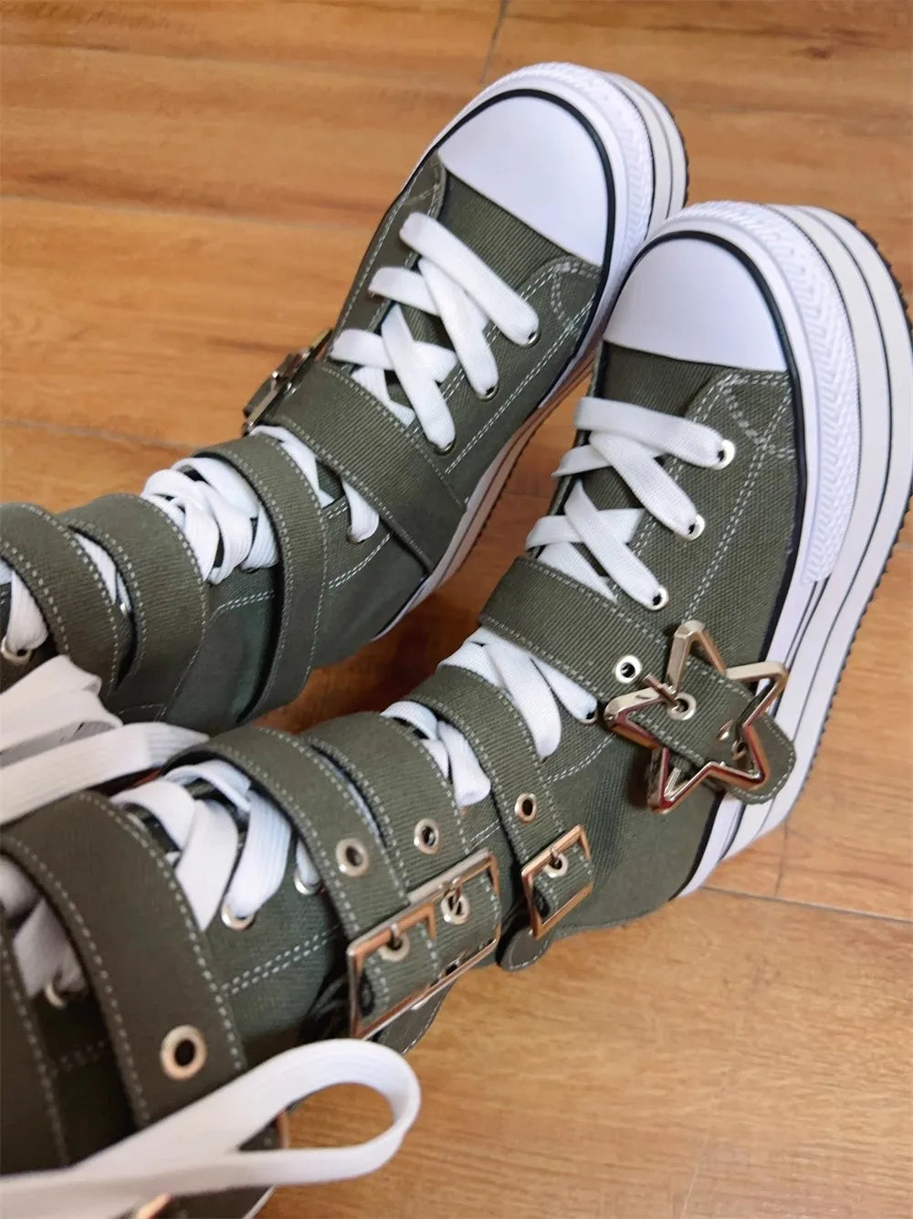 Women wasteland punk long Boots woman high wedges Heels pumps Lady Dress party shoes big toe army green customized canvas shoes