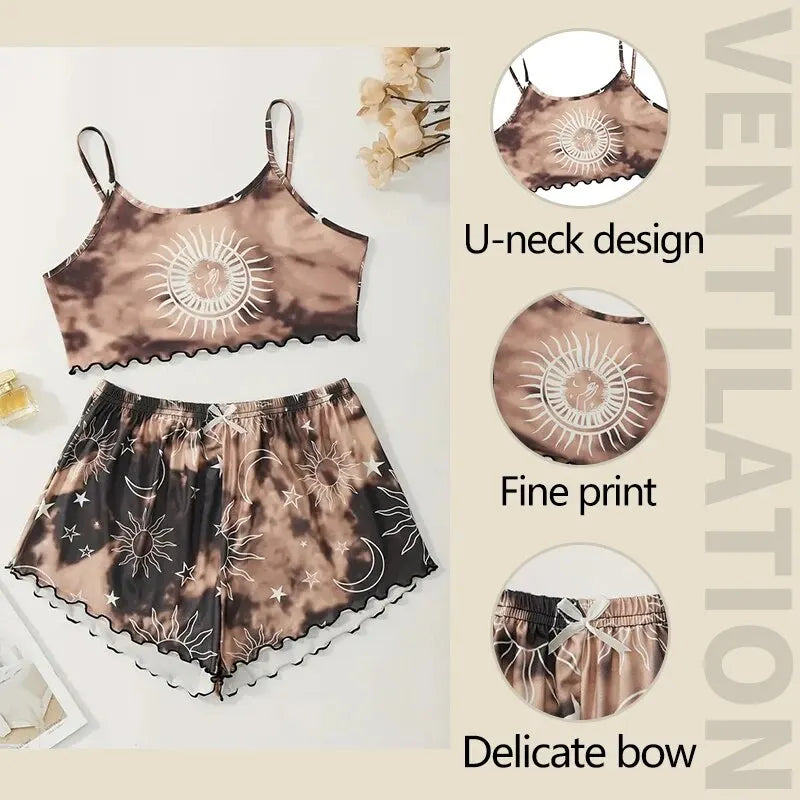 2 PCS Women Pajamas Sleepwear Pajama Set Short-Sleeved Shorts Suit S M L Brown Sun And Moon Render Print Ventilate Soft Comfort