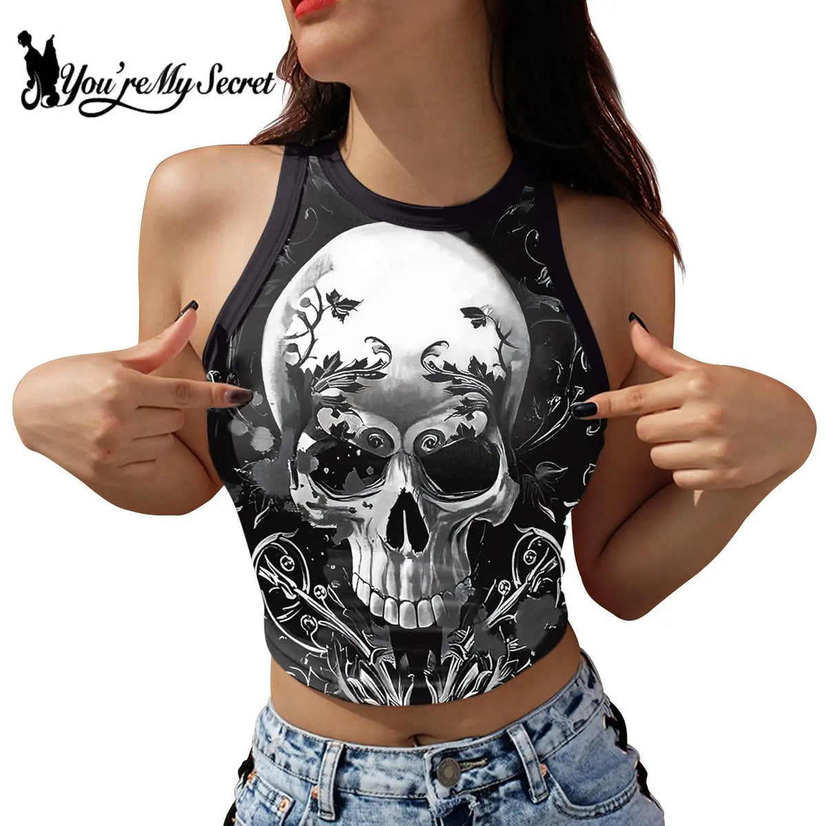 [You're My Secret] Sexy Vest Crop Top Women Y2K Skull Print Crop Top Summer Casual Fitness Holiday Party Black Tank Tops