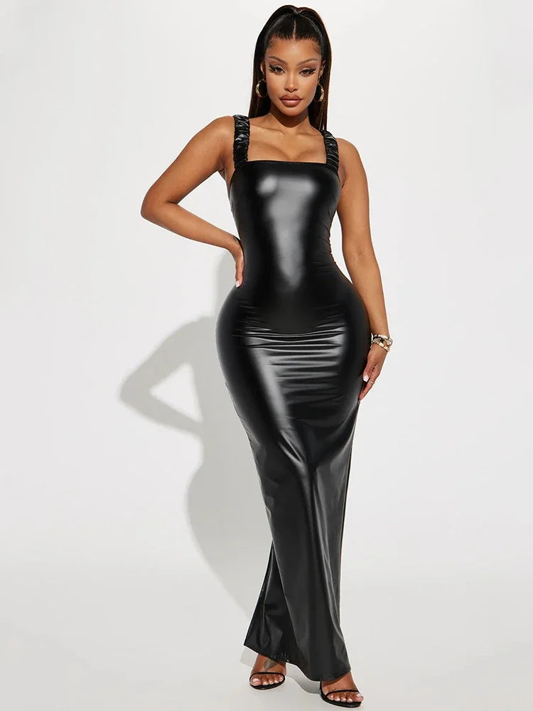 Women’s Plus Size Matte Leather Tank Dress - Vintage Stretch Bodycon Faux Leather Maxi Dress with Backless Design and Hem Split, Clubwear