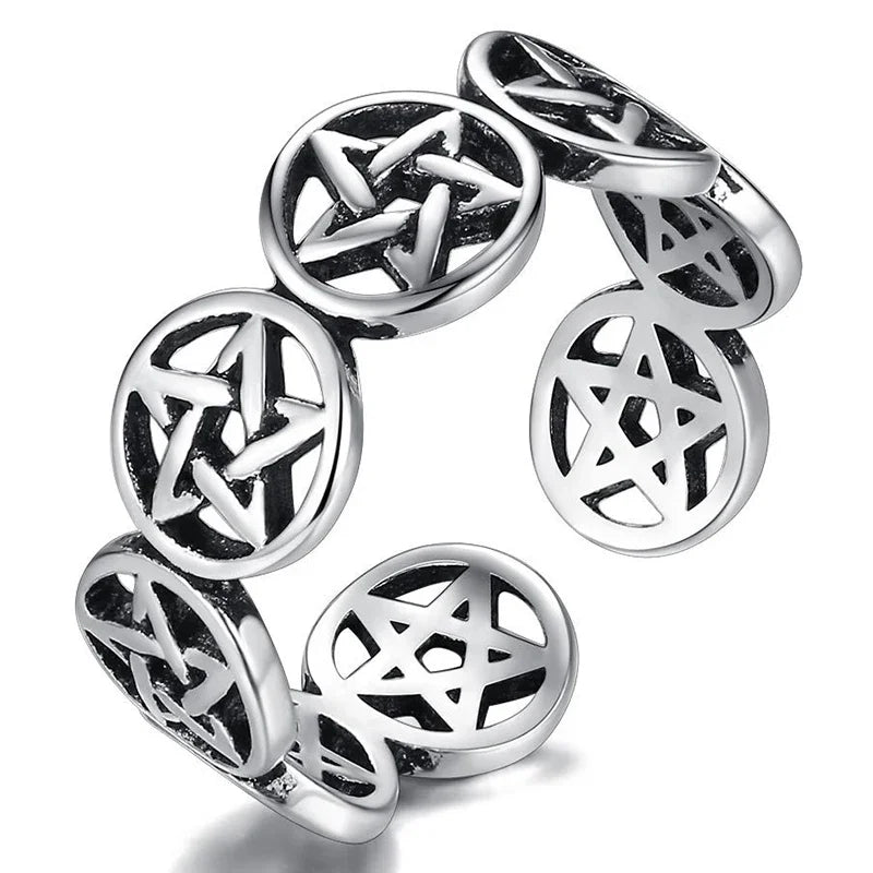 Vintage Silver Star Pentagram Chunky Adjustable Finger Ring | Punk Tibetan Jewelry Gift for Women and Men