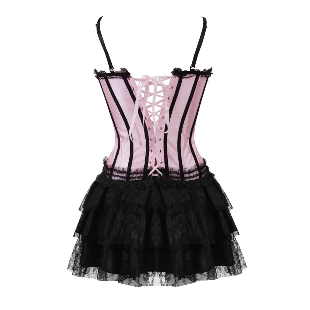 Gothic Sexy Lace-Up Boned Overbust Corset Dress - Straps Bustier for Party, Showgirl Dance (Plus Sizes)