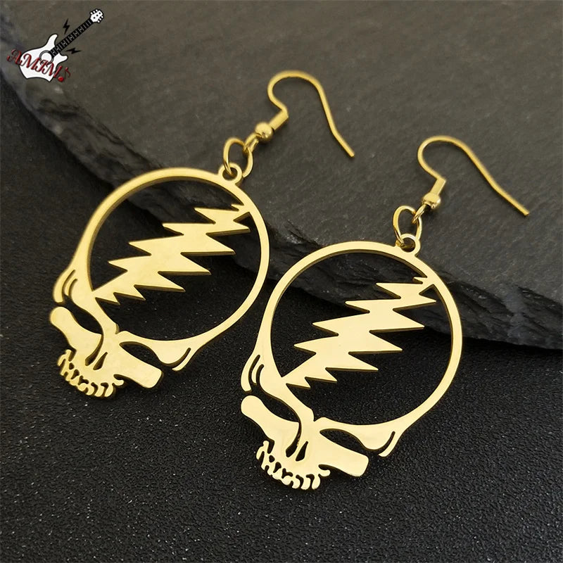 Grateful Dead Skull Dangle Earrings for Women - Silver Color Stainless Steel Music Band Fans Drop Earring Jewelry