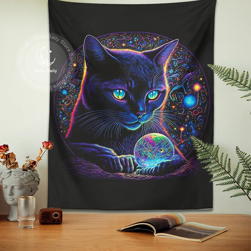 Blacklight Cat Tapestry | Trippy Magic Black Cat Crystal Ball Boho Art Decor | Living Room Wall Art