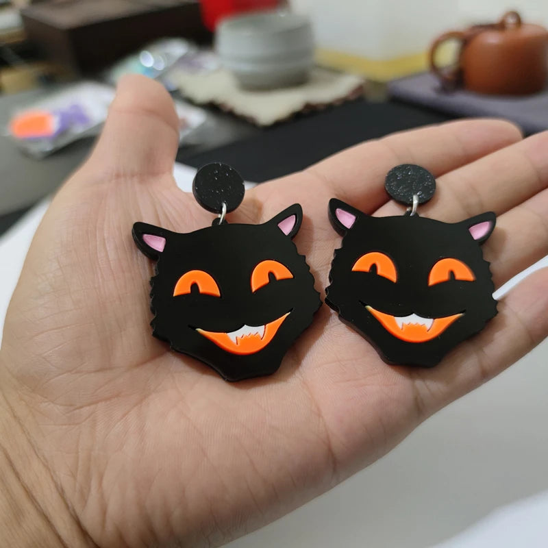 KUGUYS Halloween Black Cat Drop Earrings for Women Jewelry Trendy Acrylic Accessories