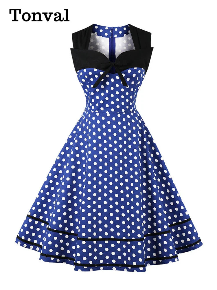 Tonval Polka Dot 1950S Tie Sweetheart Neck Summer Dress Women Party Elegant Vintage Sleeveless Rockabilly Pinup Dresses