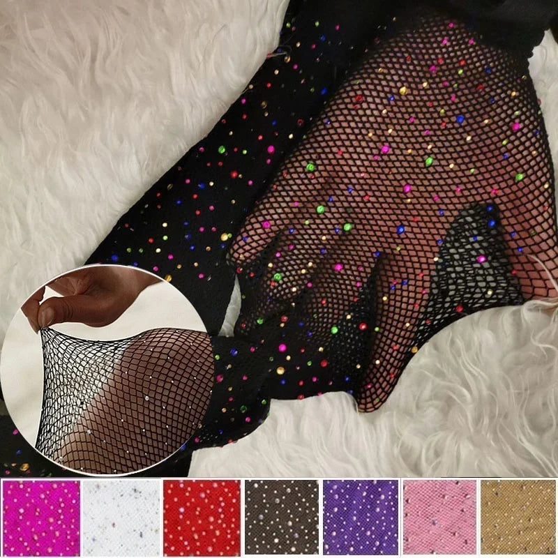 Colorful Rhinestone Fishnet Pantyhose - Fashionable Shiny Net Tights for Women, Slim Rhinestone Mesh Nylon Stockings