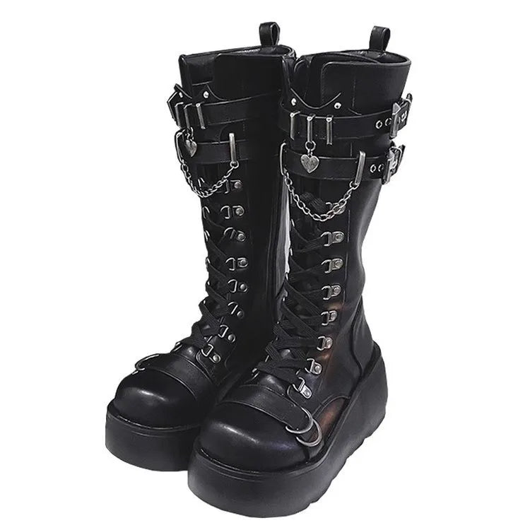 Women Platform Gothic Ankle Combat Boots Rivet Chain Wedges Punk Cosplay Zip Booties Autumn Winter Motorcycle Shoes