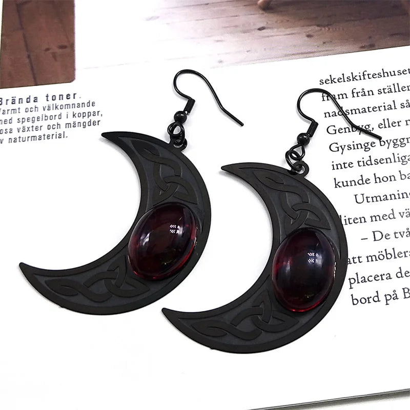 Gothic Dark Celtic Moon Drop Earrings – Stainless Steel with Red Stone, Crescent Wicca Witch Knot Dangle Earrings, Goth Jewelry