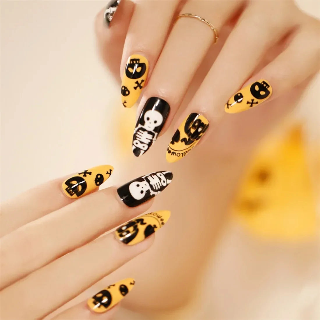 24Pcs Halloween Acrylic Fake Nails – Full Coverage Press-On Nails with Pumpkin, Skull, and Moon Designs