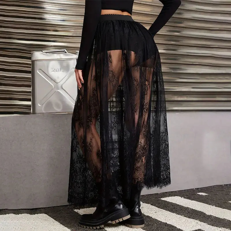 Elegant Party Evening Sexy Lace Maxi Skirt for Women - 2024 See-Through Bodycon Gothic Lolita Fashion Black Skirt