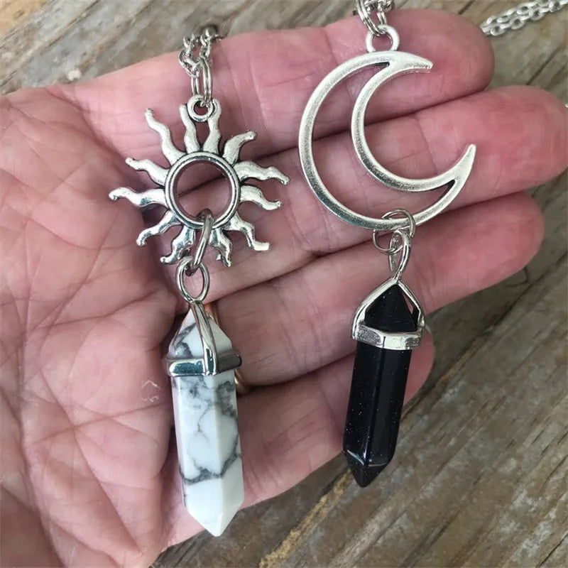 2pcs Vintage Sun Moon Natural Stone Hexagon Column Crystal Couple Jewelry Necklace - Women's Charm Accessories Pendant Gift