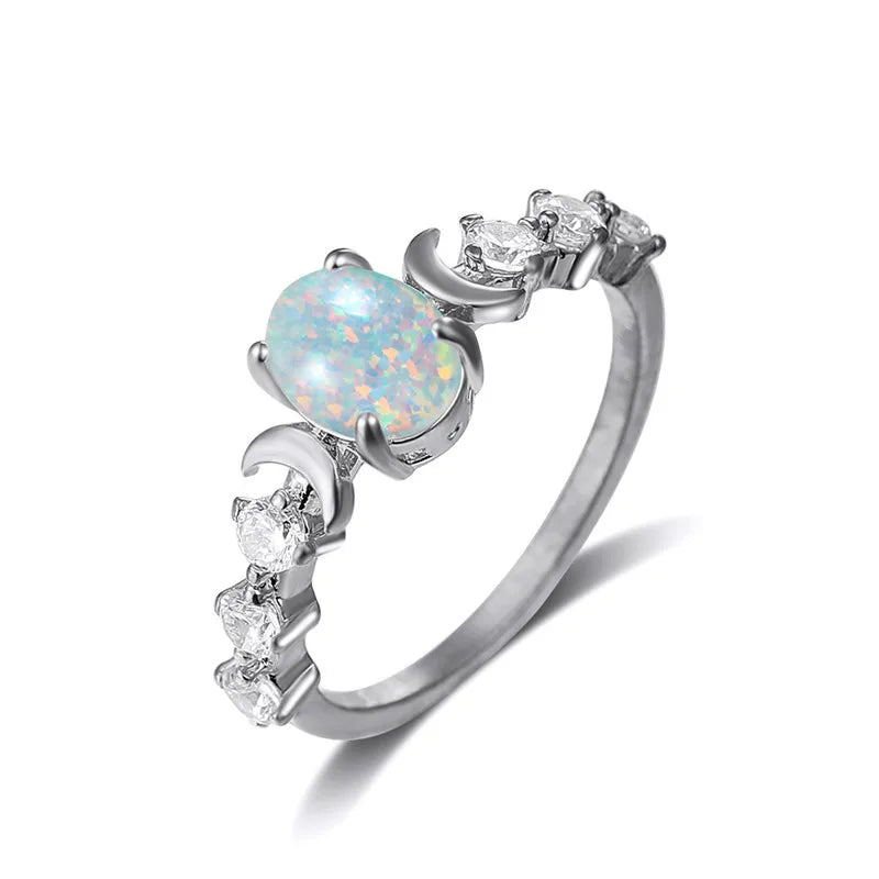 Women's Fashion Moon Ring with Opal Stone - Rose Gold and Silver Color Engagement Wedding Jewelry