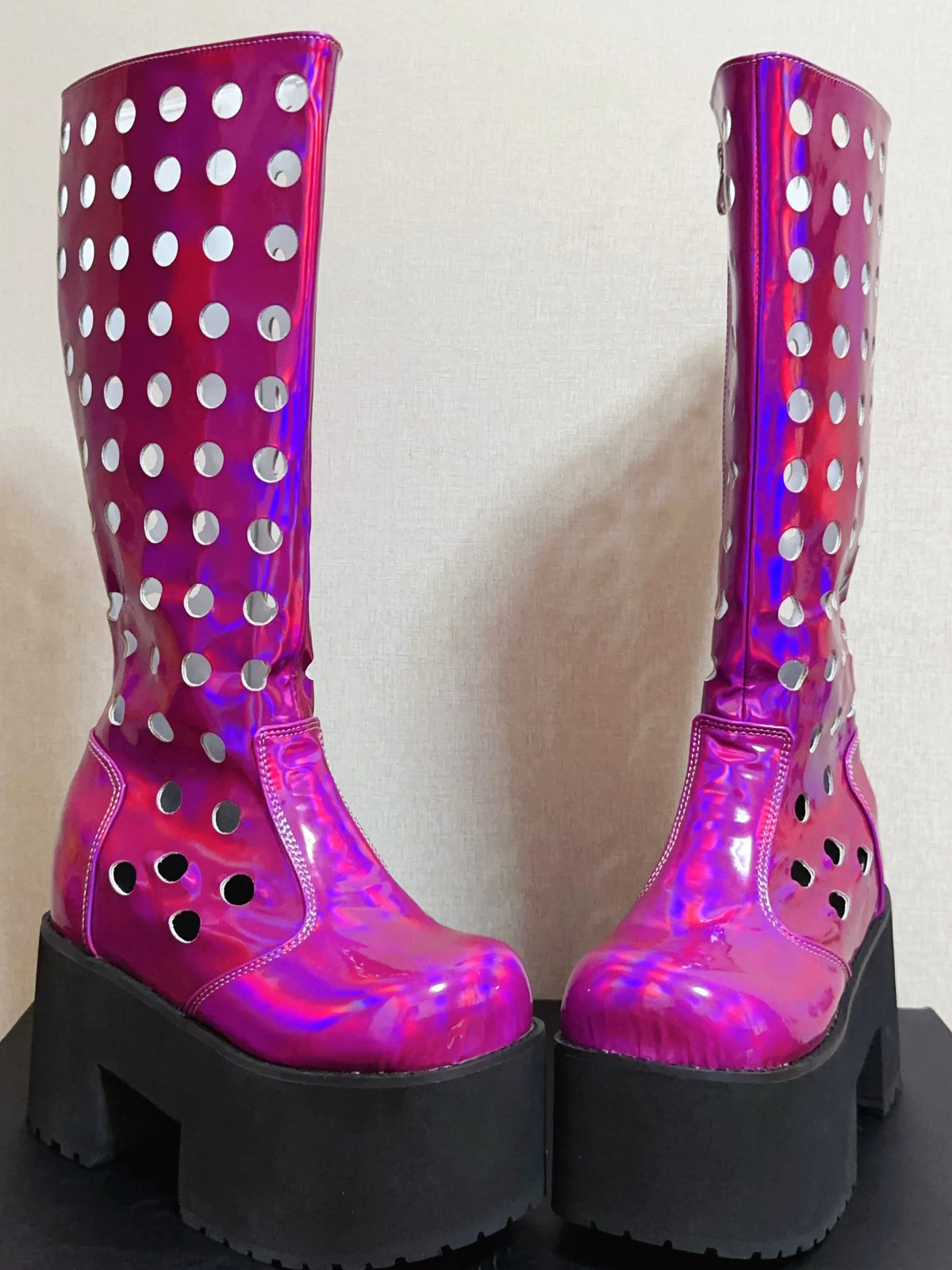 Women's Punk Princess Rhinestone Laser Purple Platform Club Boots