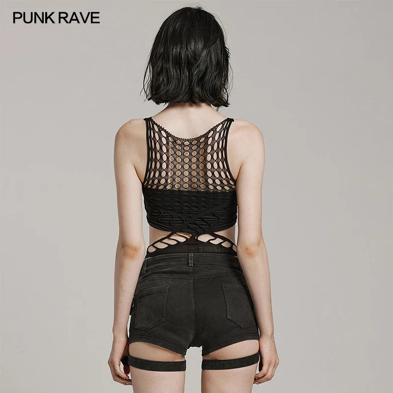 PUNK RAVE Women's Punk Hollowed Out Waist Bodysuit Waistline Sexy Black Body Suit Tops Women Clothes Teddies Summer