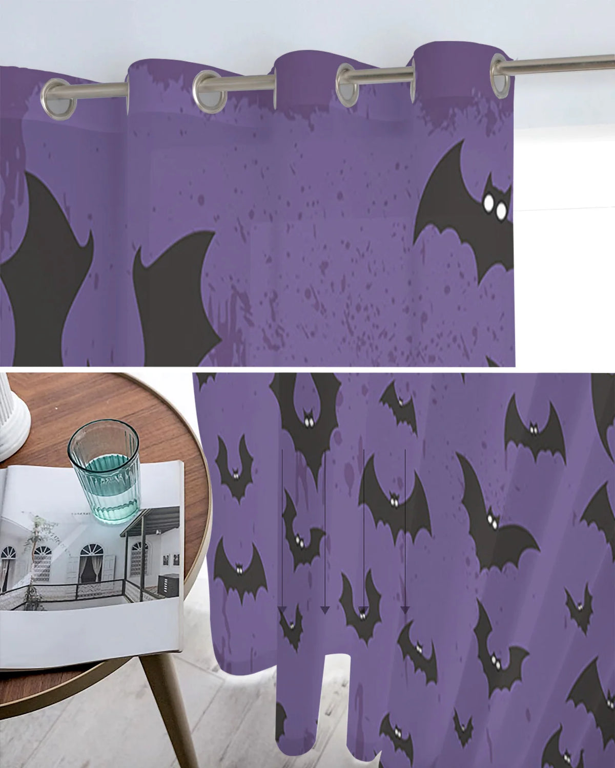 Halloween Bat Purple Sheer Curtains - Transparent Voile Tulle Drapes for Living Room Window Home Decor