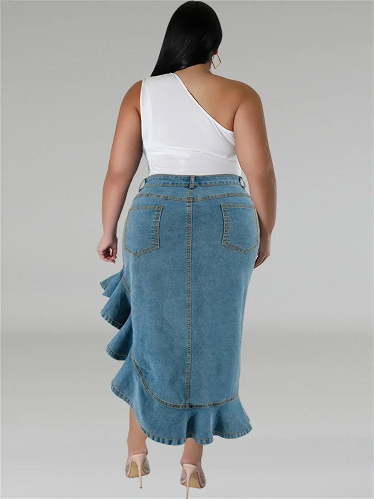 Wmstar Plus Size Only Denim Skirts Women's Clothing Maxi Sexy Medium Stretch Long Flounce Skirt Wholesale Dropshipping 2024