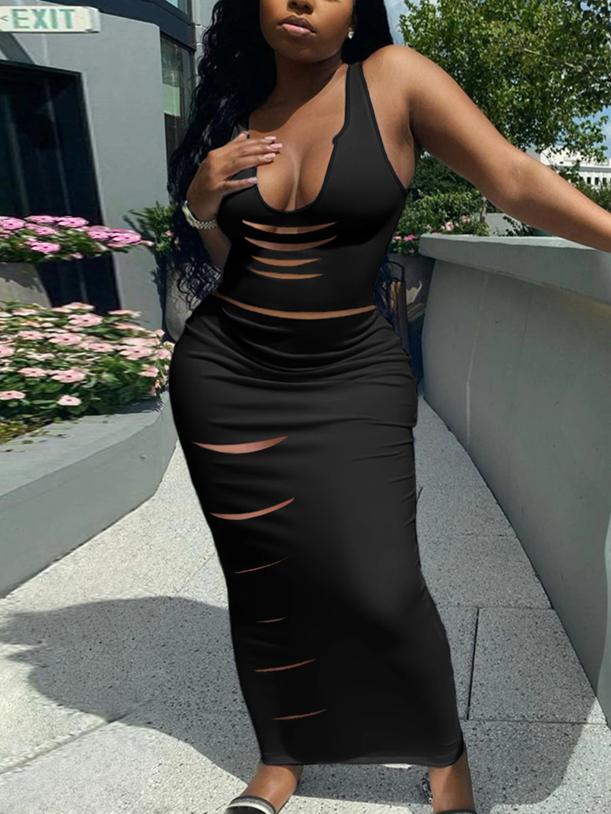 LW Plus Size Crop Top Cut Out Skirt Set Women Summer 2pcs Black Fashion Solid Color Sleeveless Notch Neck Ankle Length Skirt Set