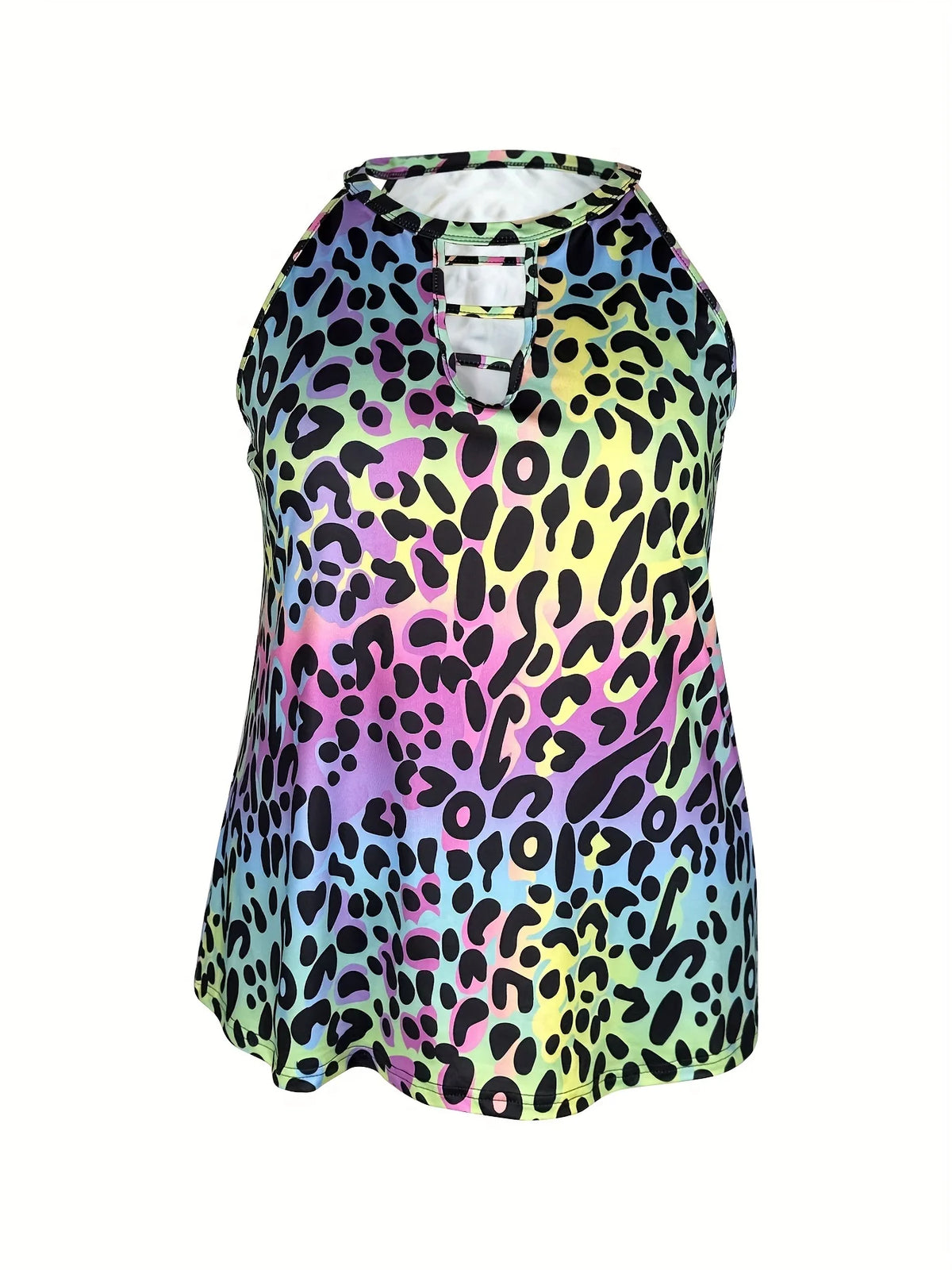 Plus Size Leopard Print Tank Top | Relaxed-Fit Casual Cut Out Crew Neck Design for Hot Summer Days