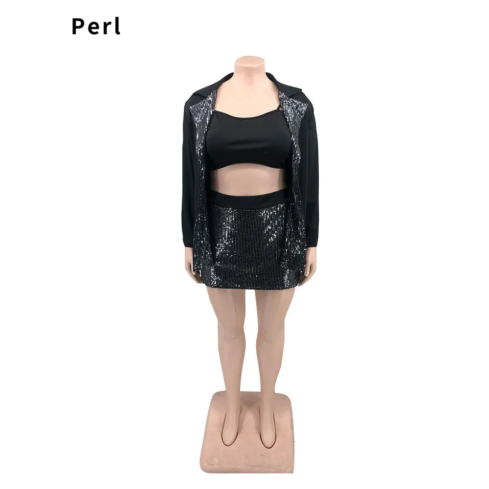 Perl Sequin Three-Piece Set – Sling Crop Top + Culottes + Long Jacket for Women Plus Size Autumn Outfits, OL Office Female Clothing