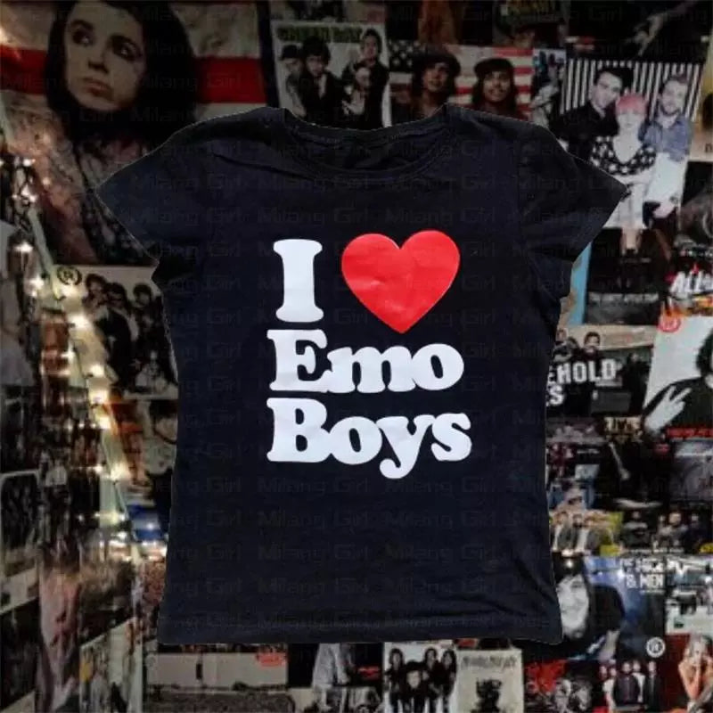 I Heart Emo Boys Women’s Slim Fit Baby Doll Y2K Goth Style Crew Neck Short Sleeved Graphic Print T Shirt