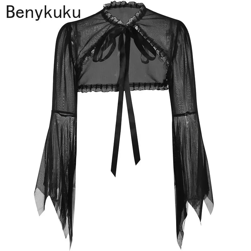 Womens Gothic Punk Flare Sleeve Crop Top Lace Trim Party Bolero Cosplay Outfit See-through Mesh Shrug Tops Clubwear Cover Up