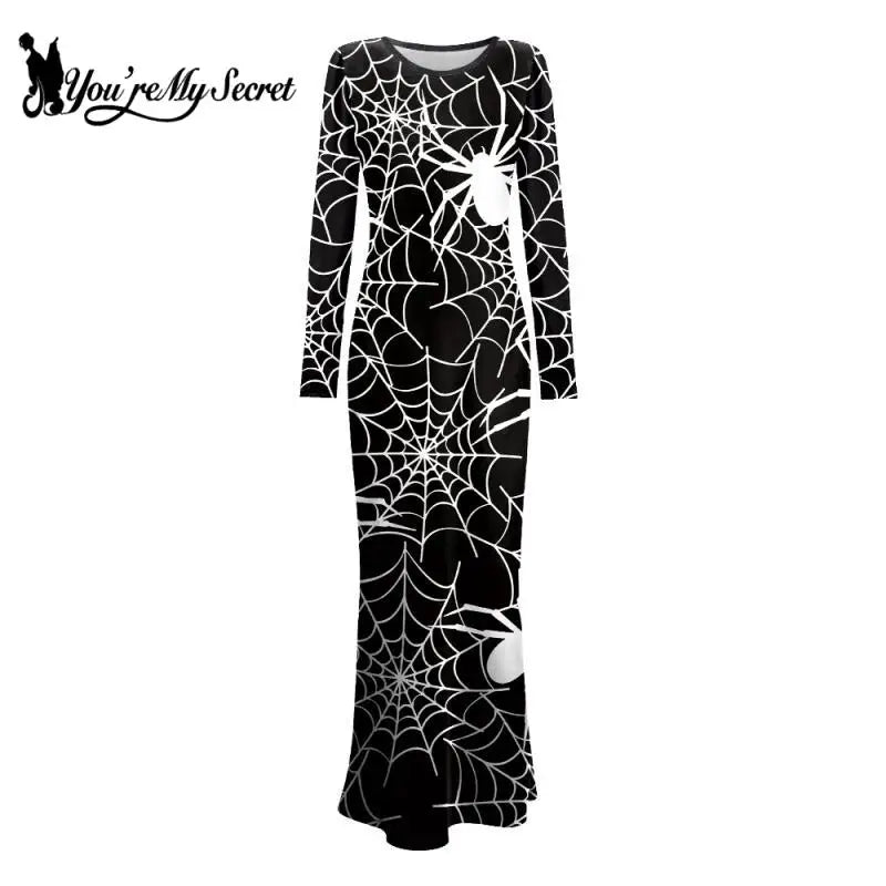 [You're My Secret] Women Dress Vintage Punk Goth Costume Long Sleeved Dress Girl Adult Halloween 3D Printing Fancy Clothing