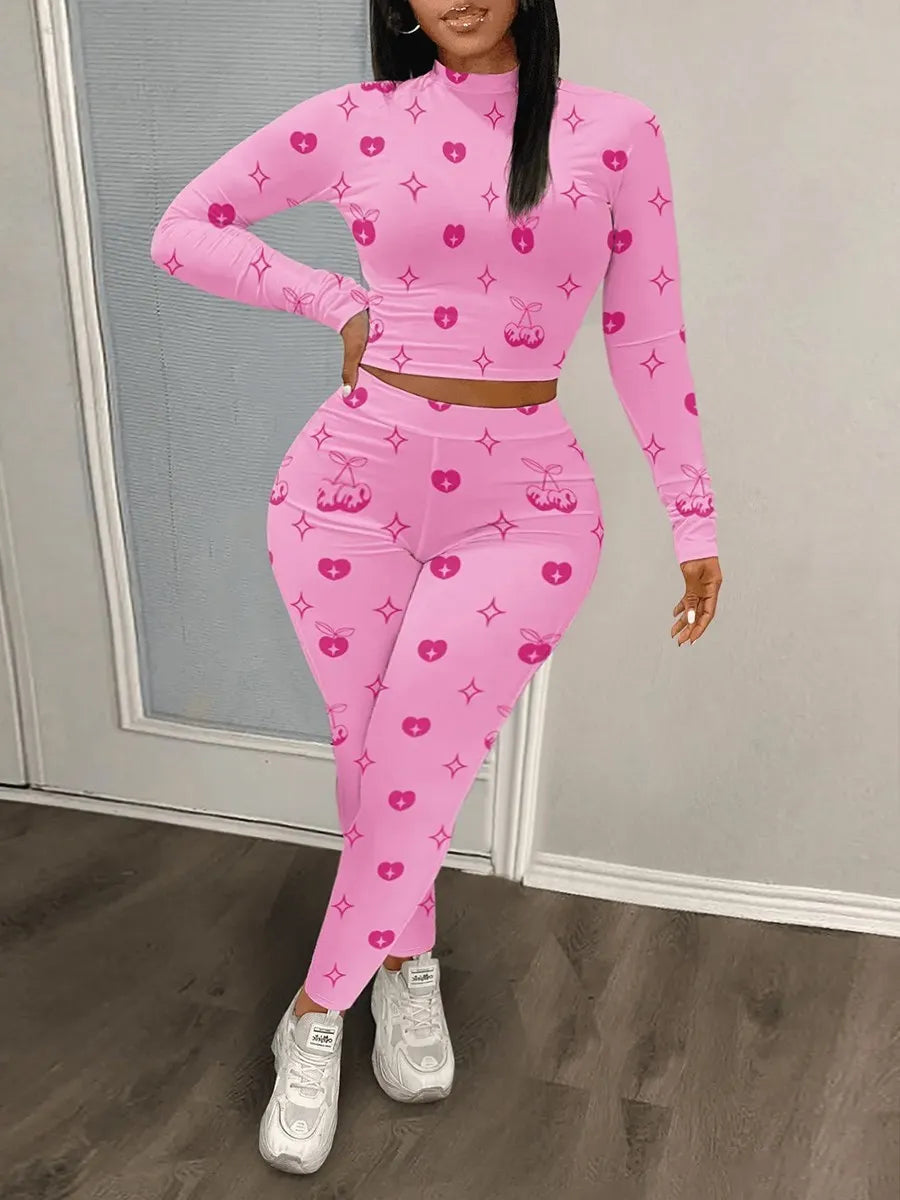 LW Plus Size Pink Fruit Print Two-Piece Pants Set - Long Sleeve Crew Neck Top & Sheath Elastic Waist Trousers