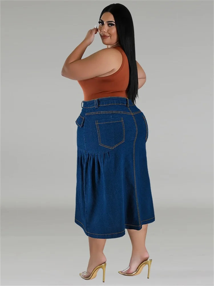 Wmstar Plus Size Only Skirts Women's Clothing Denim Maxi Patchwork Pockets Sexy Zip Medium Stretch Wholesale Dropshipping 2024