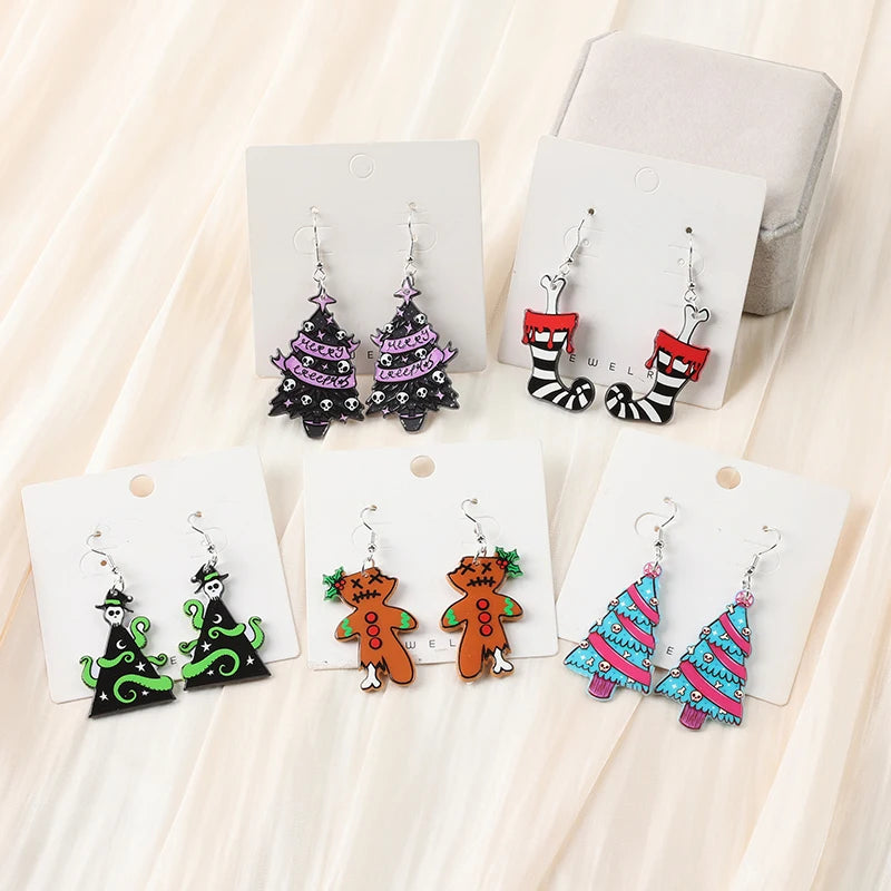 1Pair  Horror Christmas Tree Drop Earrings Creative Acrylic Creepy Gingerman For Woman Girl Holiday Birthday Gift