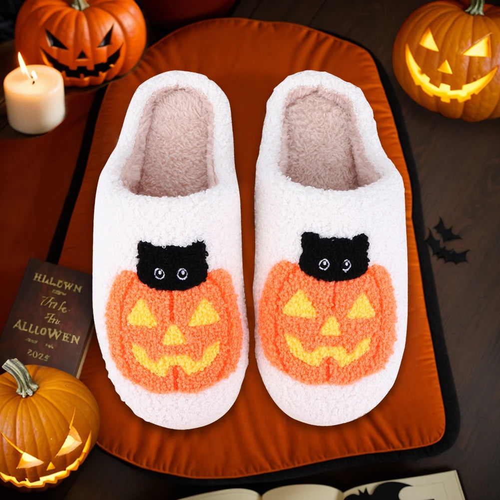 2024 Funny Halloween Pumpkin Cat Cotton Fluffy Slippers – Plush Platform Slides for Couples, Indoor/Outdoor Bedroom Shoes for Women