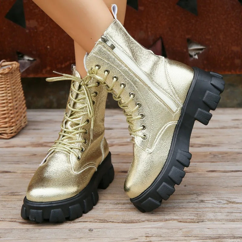 2024 Winter Gold Crystal Ankle Boots – Women's Gothic Thick Sole Motorcycle Boots, Luxury Metallic Punk Shoes