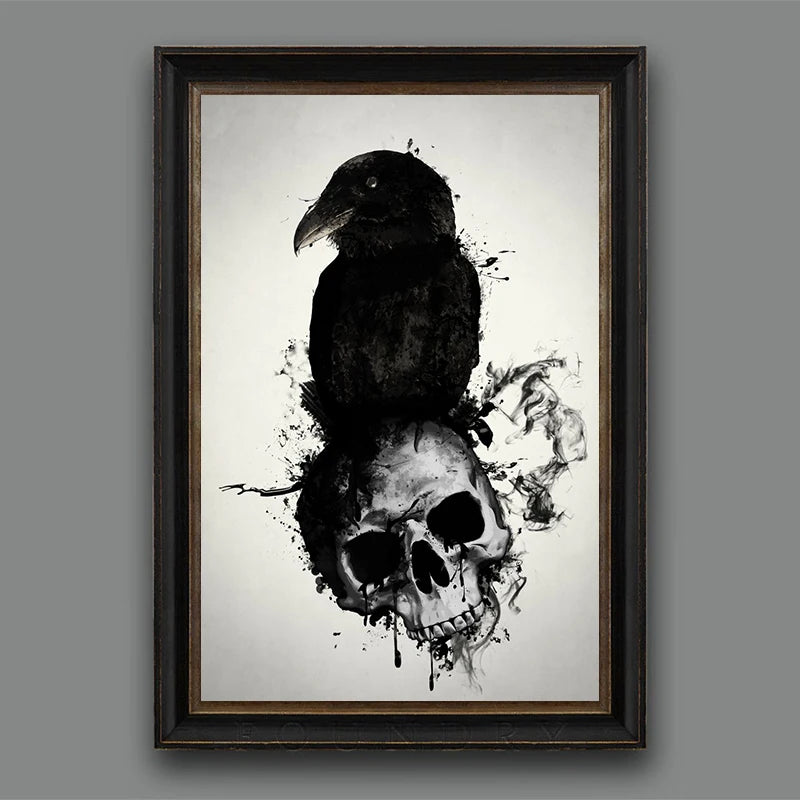 Raven and Skull Heart Grenade Poster - Black and White Crow Canvas Wall Art, Goth Aesthetic Decor