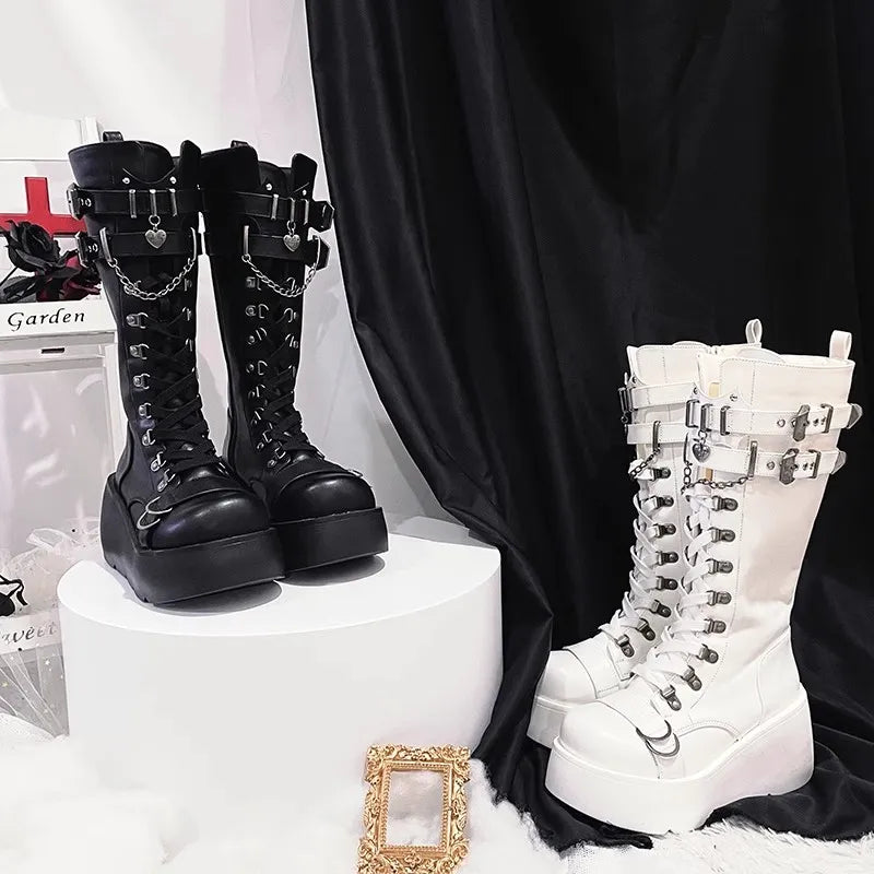 Metal Buckle Chunky Platform Punk Boots - Women’s Gothic Knee High Cosplay Shoes