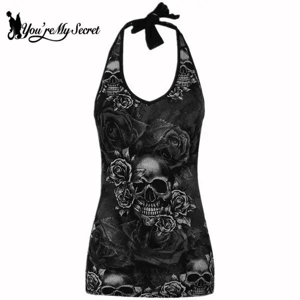 [You're My Secret] Fashion Woman Clothes Spring and Summer Camisole Vest Skull Printing Sexy Halter Sleeveless T-Shirt Tank Top