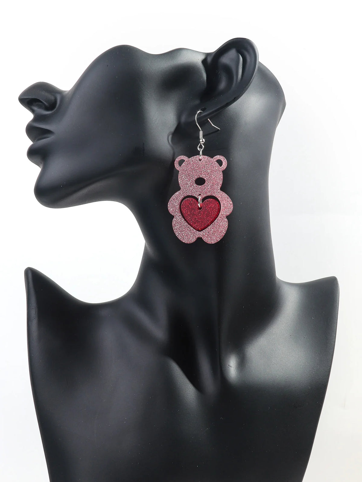 Valentine's Day Pink Acrylic Bear Heart Drop Earrings - Cute Resin Pendant Earrings for Women and Girls, Lovely Gift