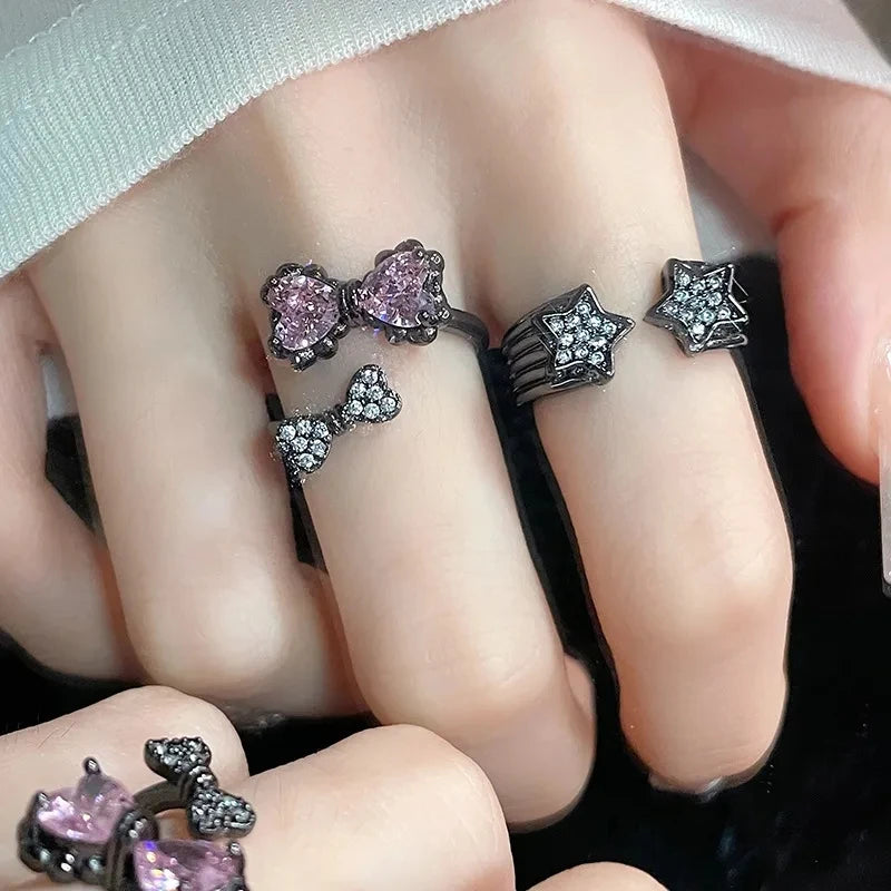 Fashion Gothic Animal Black Zircon Rings Y2K Star Crystal Opal Ring Goth Spider Butterfly Rings for Women Girl Aesthetic Jewelry