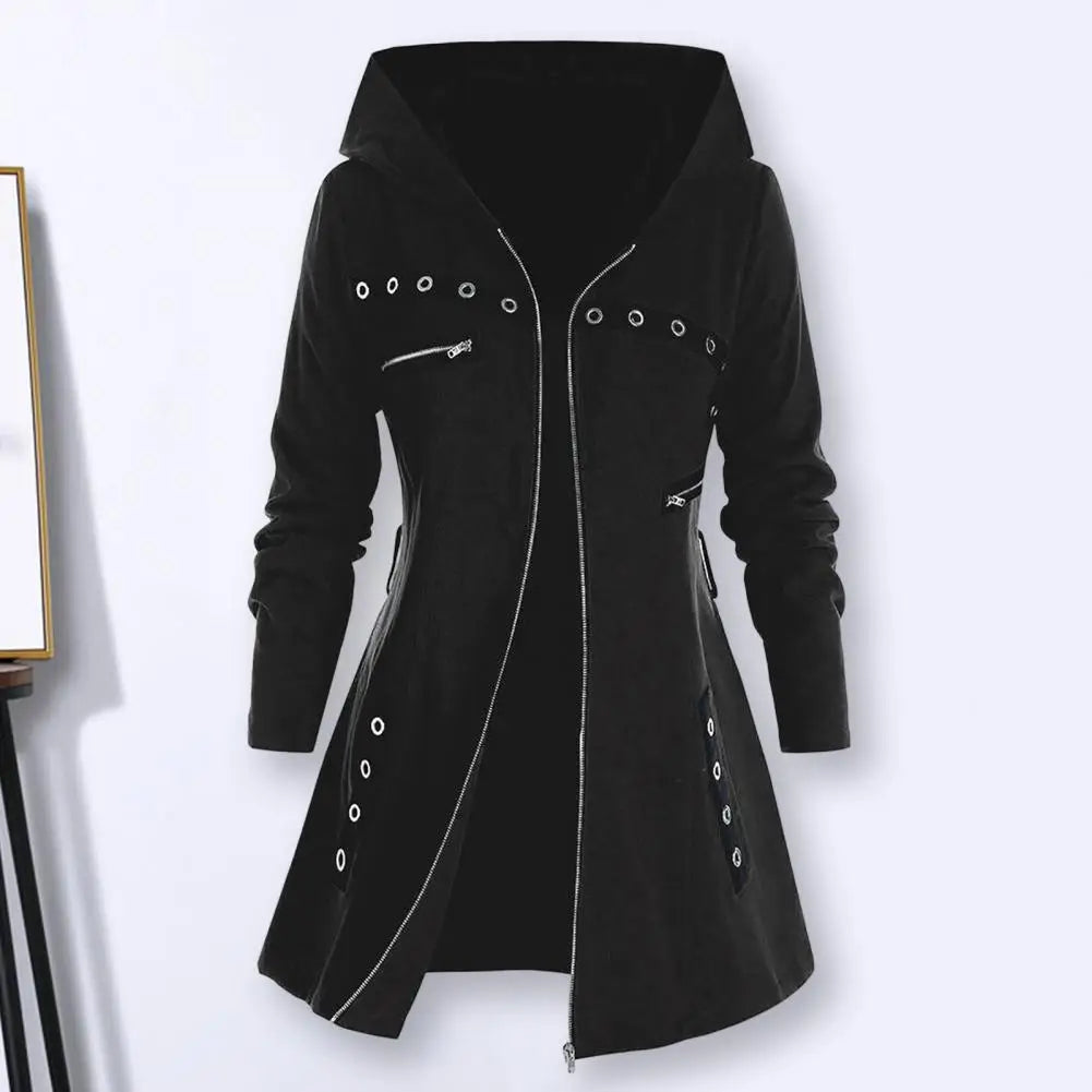 Stylish Coat Gothic Women Winter Coat Pocket Punk Style A-line Autumn Coat  Thermal