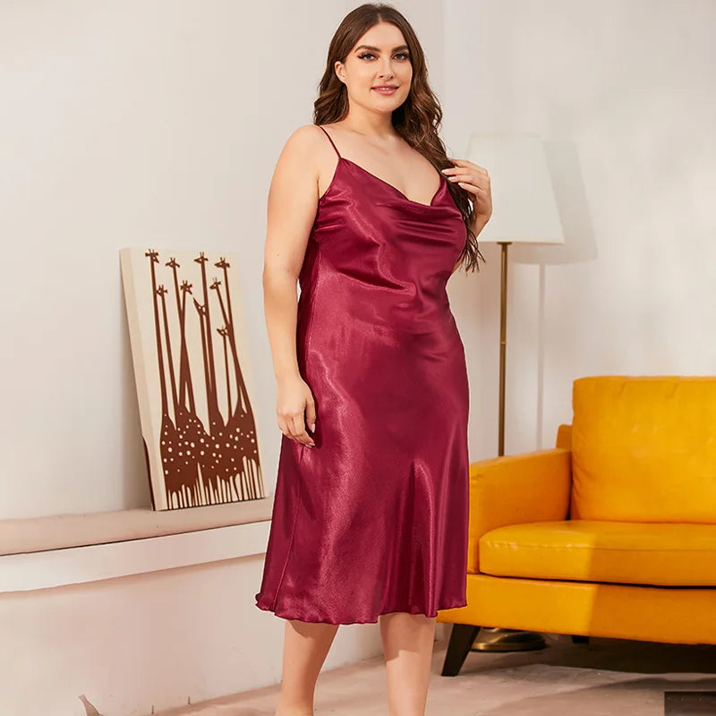 Sexy Plus Size Women's Spaghetti Strap Nightgown - Summer Satin Solid Color Loose Home Wear Lingerie Chemise Nightdress